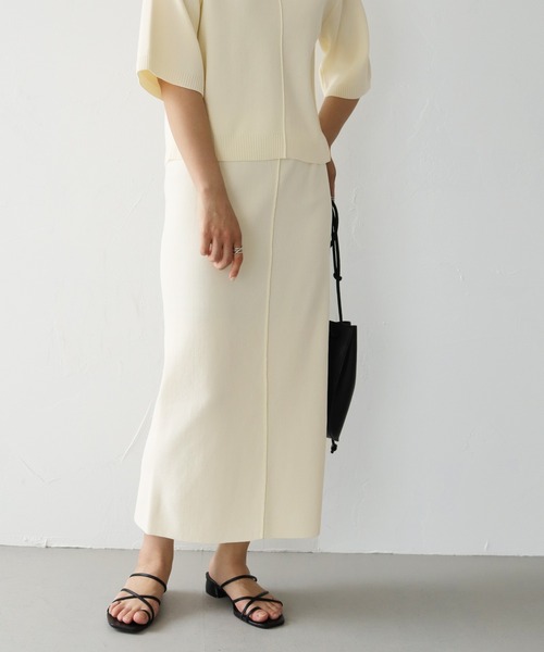 HER CLOSET（ハークローゼット）の「【shemoshelly】スウェットライクダンボールニットタイトスカート（スカート・レディース・ネイビー/オフホワイト/オレンジ/マスタード・M）」の6枚目の写真