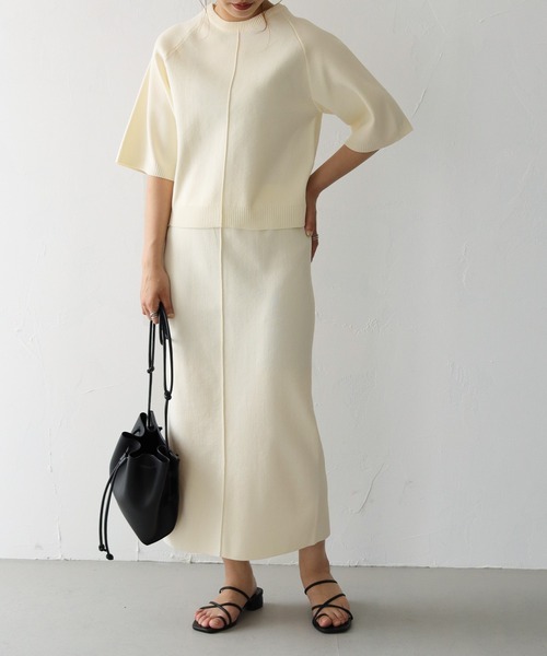 HER CLOSET（ハークローゼット）の「【shemoshelly】スウェットライクダンボールニットタイトスカート（スカート・レディース・ネイビー/オフホワイト/オレンジ/マスタード・M）」の9枚目の写真