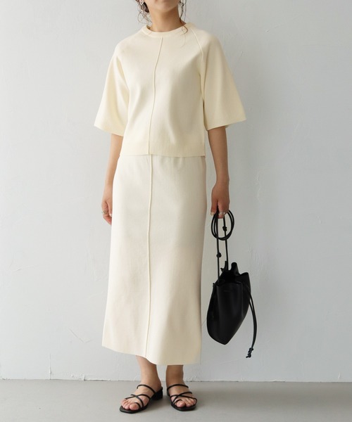 HER CLOSET（ハークローゼット）の「【shemoshelly】スウェットライクダンボールニットタイトスカート（スカート・レディース・ネイビー/オフホワイト/オレンジ/マスタード・M）」の11枚目の写真