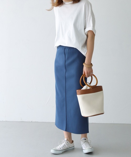 HER CLOSET（ハークローゼット）の「【shemoshelly】スウェットライクダンボールニットタイトスカート（スカート・レディース・ネイビー/オフホワイト/オレンジ/マスタード・M）」の18枚目の写真