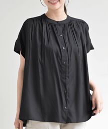 レーヨンバンドカラーギャザーブラウス