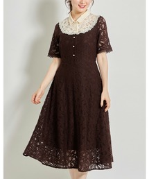 tocco closet | 襟付きパールボタン配色切り替えレースワンピース(ワンピース)