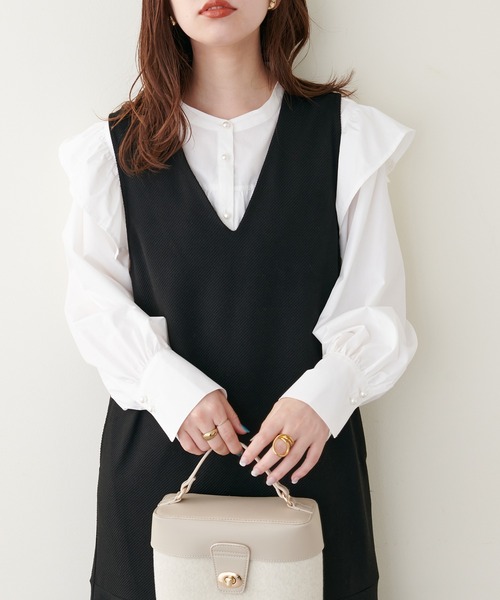 natural couture(ナチュラルクチュール)の「ヨークフリル細ヒモリボンブラウス(シャツ/ブラウス・レディース・ブラック/ドット/ストライプ/オフホワイト・FREE)」の9枚目の写真