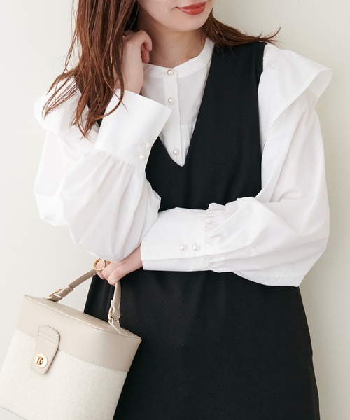 natural couture(ナチュラルクチュール)の「ヨークフリル細ヒモリボンブラウス(シャツ/ブラウス・レディース・ブラック/ドット/ストライプ/オフホワイト・FREE)」の19枚目の写真