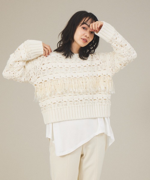 qualite（カリテ）の「鍵針フリンジニット（ニット/セーター・レディース・イエロー/アイボリー・フリー）」の2枚目の写真