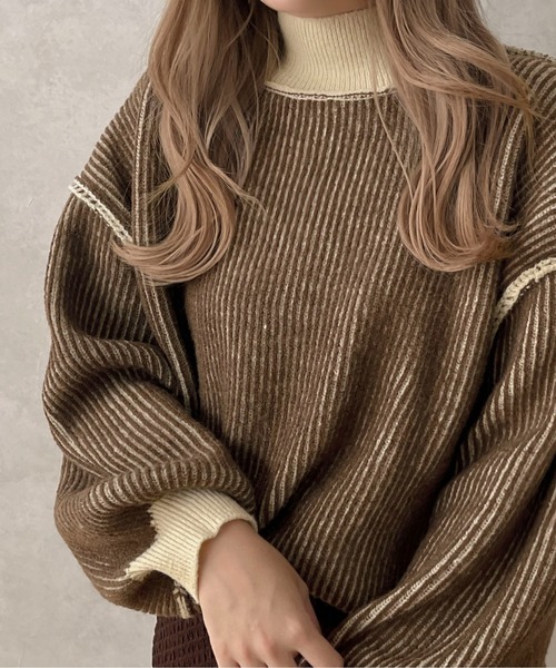 お値下げ⭐︎カーキ・ベージュストライプニットセーター apres jour clair】ストライプデザインニット【ZOZOTOWN限定アイテム