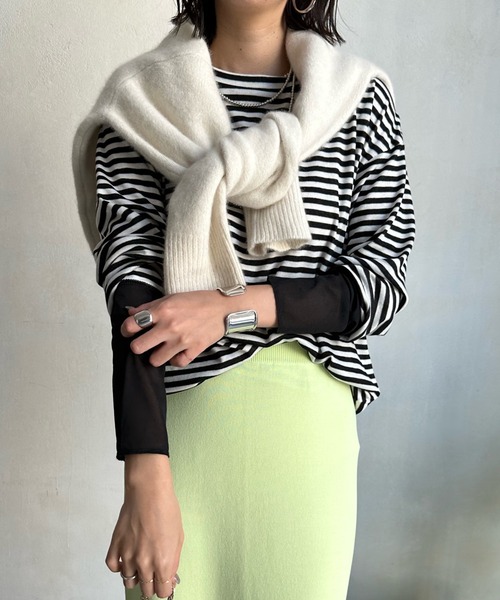 DouDou(ドゥドゥ)の「袖シアー切替ボーダーTEE(Tシャツ/カットソー・レディース・ブラック・FREE)」の1枚目の写真