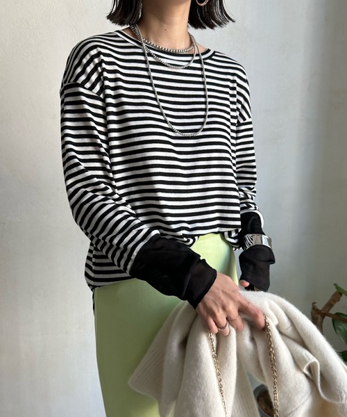 DouDou(ドゥドゥ)の「袖シアー切替ボーダーTEE(Tシャツ/カットソー・レディース・ブラック・FREE)」の2枚目の写真