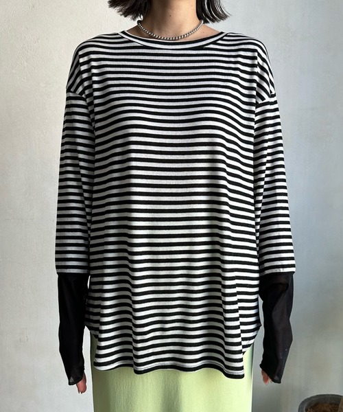 DouDou(ドゥドゥ)の「袖シアー切替ボーダーTEE(Tシャツ/カットソー・レディース・ブラック・FREE)」の3枚目の写真