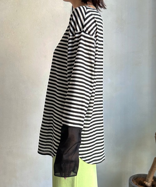 DouDou(ドゥドゥ)の「袖シアー切替ボーダーTEE(Tシャツ/カットソー・レディース・ブラック・FREE)」の4枚目の写真