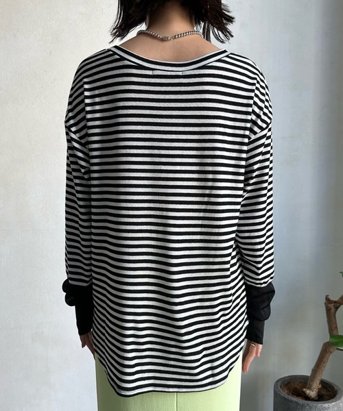 DouDou(ドゥドゥ)の「袖シアー切替ボーダーTEE(Tシャツ/カットソー・レディース・ブラック・FREE)」の5枚目の写真