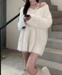 Vネックシャギーニットワンピース