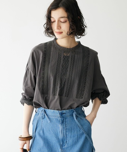 CRAFT STANDARD BOUTIQUE（クラフトスタンダードブティック）の「インドコットン レース使イブラウス（シャツ/ブラウス・レディース・チャコールグレー/ホワイト/イエロー・FREE）」の3枚目の写真