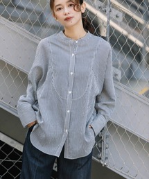 Munich | レーヨンナイロンリネンストライプバンドカラーシャツ(シャツ/ブラウス)