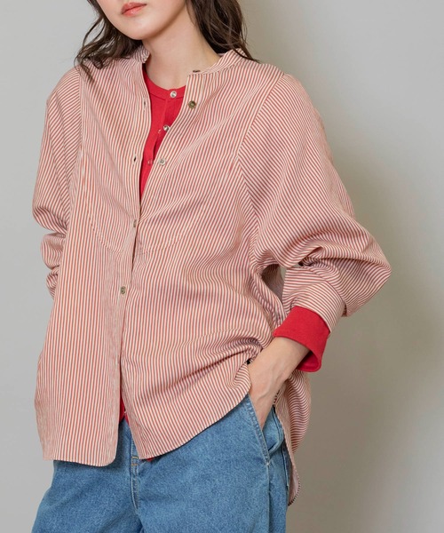 Munich（ミューニック）の「レーヨンナイロンリネンストライプバンドカラーシャツ（シャツ/ブラウス・レディース・グレー/ネイビー/レッド・FREE）」の3枚目の写真