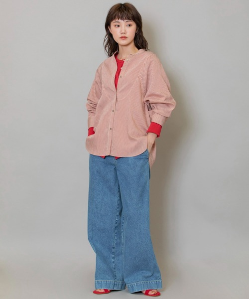 Munich（ミューニック）の「レーヨンナイロンリネンストライプバンドカラーシャツ（シャツ/ブラウス・レディース・グレー/ネイビー/レッド・FREE）」の4枚目の写真