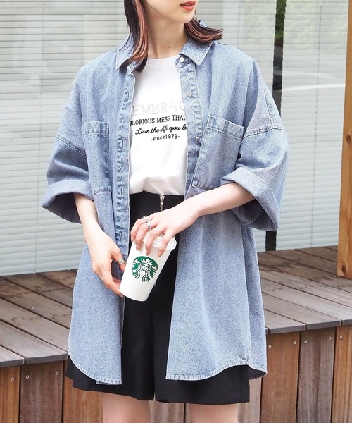 tiptop(ティップトップ)の「デニム半袖BIGシャツ(シャツ/ブラウス・レディース・ブラック/ネイビー/サックスブルー・FREE)」の17枚目の写真