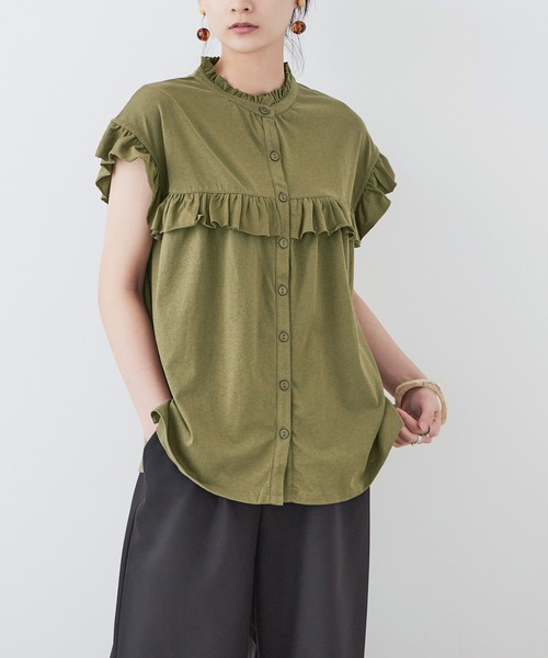 Fashion Letter(ファッションレター)の「大きいサイズ 2way フリルブラウス風Tシャツ(Tシャツ/カットソー・レディース・ピンク系その他/ブラック/カーキ/ホワイト/ベージュ・M~L/LL~3L/4L~5L)」の4枚目の写真
