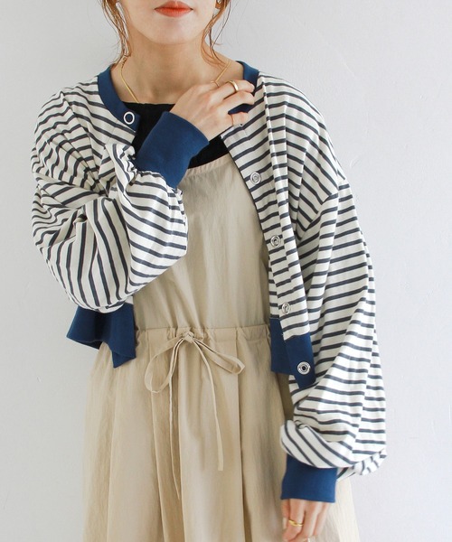 Crisp（クリスプ）の「ショートボーダーカーディガン（カーディガン/ボレロ・レディース・ネイビー/イエロー/パープル・FREE）」の2枚目の写真