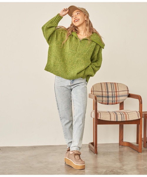 anap mimpi（アナップミンピ）の「ハーフジップ起毛MIXニット（ニット/セーター・レディース・イエロー×グリーン/ネイビー・FREE）」の11枚目の写真