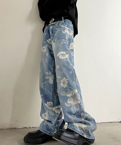 MALION vintageフラワーパターン ワイドパンツ リネンローン ワントーンフラワープリント ワイドパンツ（ワイド