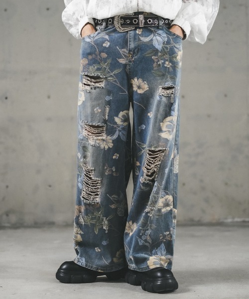 vintage ワイドパンツ 花柄 フラワー レトロ ミントグリーン vintage ワイドパンツ 花柄 フラワー レトロ ミントグリーン