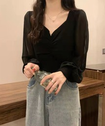 【Jasmine】シフォン袖切り替えニットトップス