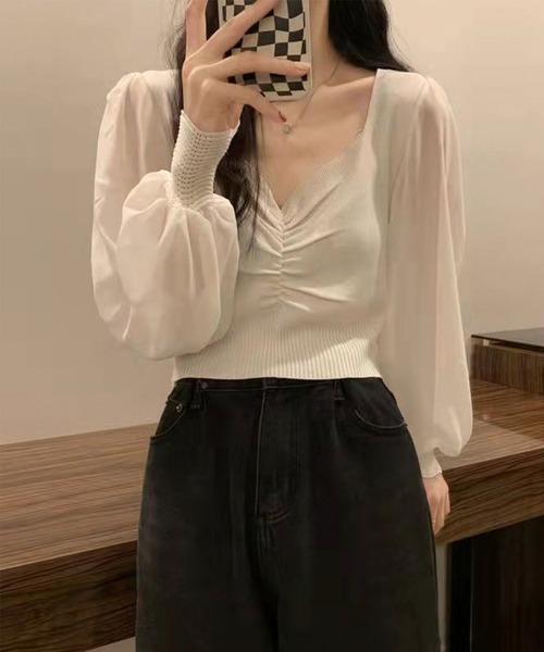 セール】【Jasmine】シフォン袖切り替えニットトップス（ニット