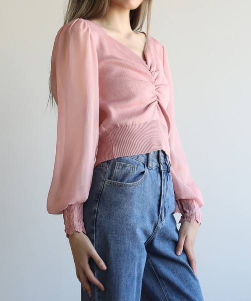 トップス jasmine セール】【Jasmine】胸あきデザインリブ編み半袖トップス