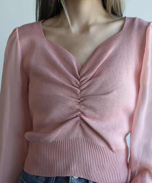 トップス jasmine セール】【Jasmine】胸あきデザインリブ編み半袖トップス