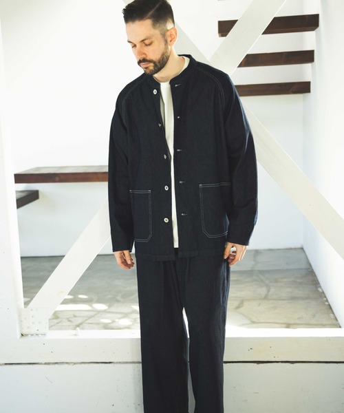 MR.OLIVE（ミスターオリーブ）の「RINSE WASH 8oz DENIM / STAND COLLAR COVERALL JACKET / M241102（デニムジャケット・メンズ・インディゴブルー/ブラック・SMALL/LARGE/MEDIUM）」の6枚目の写真