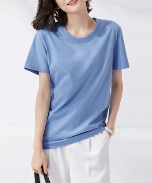 Miniministore(ミニミニストア)の「tシャツ レディース 半袖 無地ロングT(Tシャツ/カットソー・レディース・ブルー/ブラック/ロイヤルブルー/ラベンダー/ベージュ/レッド/ピンク/オレンジ/イエロー/ホワイト/ダークグリーン/ブラウン・FREE)」の6枚目の写真