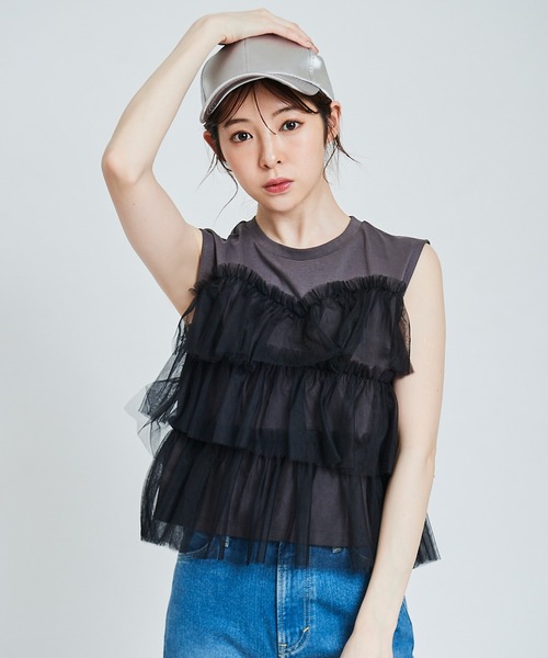 31 Sons de mode(トランテアン ソン ドゥ モード)の「チュールフリルノースリTシャツ(Tシャツ/カットソー・レディース・オフホワイト/チャコールグレー・36)」の2枚目の写真