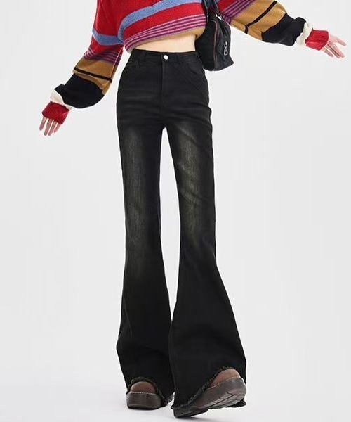 humoresque ユーモレスク 裾フリンジデニムパンツ セール】【新色追加】裾フリンジフレアデニムパンツ（デニム