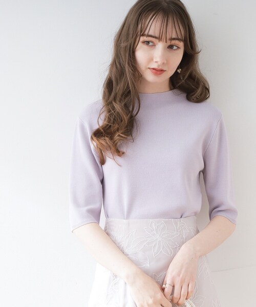 couture brooch（クチュールブローチ）の「◆バックパール調デザイン5分袖ニットトップス（ニット/セーター・レディース・ブラック/レッド系1/ピンク/オフホワイト/パープル・42/40/38）」の3枚目の写真