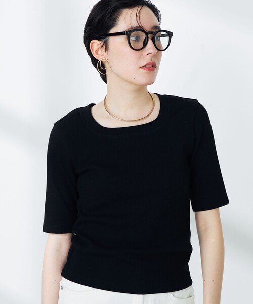 NOLLEY’S（ノーリーズ）の「コンパクトベアテレコスクエアネック5分袖プルオーバーカットソー（Tシャツ/カットソー・レディース・ホワイト/ネイビー/ブラック・FREE）」の3枚目の写真