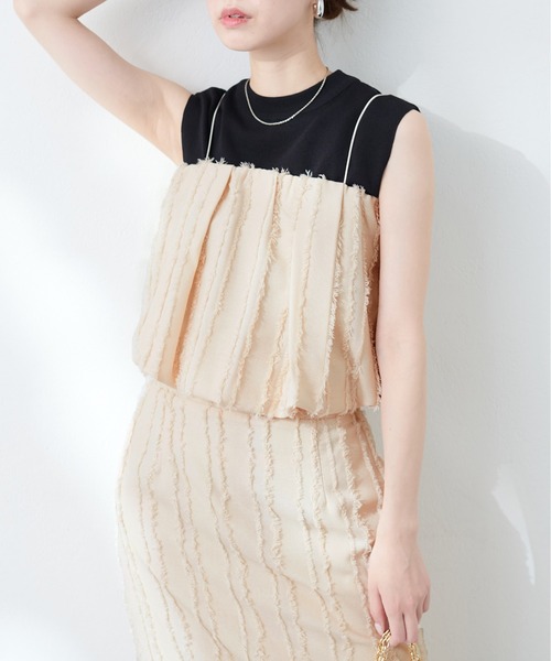 natural couture(ナチュラルクチュール)の「フリンジストライプバルーンビスチェ(キャミソール・レディース・ブラック/オフホワイト・FREE)」の3枚目の写真