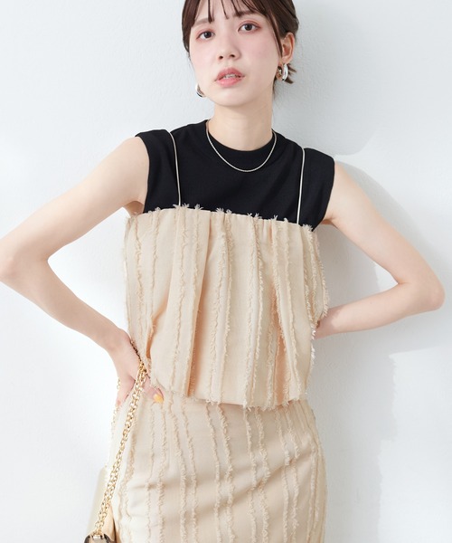 natural couture(ナチュラルクチュール)の「フリンジストライプバルーンビスチェ(キャミソール・レディース・ブラック/オフホワイト・FREE)」の4枚目の写真