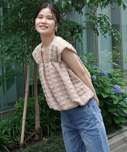 CORNERS(コーナーズ)の「チェックふくれジャガードバルーンノースリーブ(その他トップス・レディース・グリーン系その他/ブラック/ベージュ/アイボリー・M)」の8枚目の写真