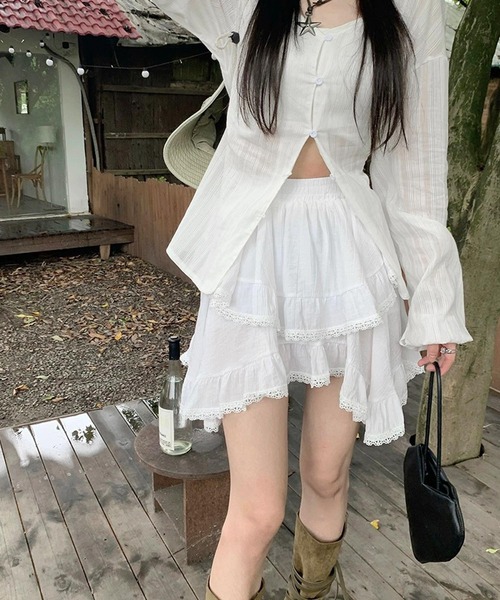 shopnikoniko（ショップニコニコ）の「ハイウエスト フリル ティアード ミニ スカート ヘムスカート（スカート・レディース・ホワイト/ブラック・フリー）」の11枚目の写真