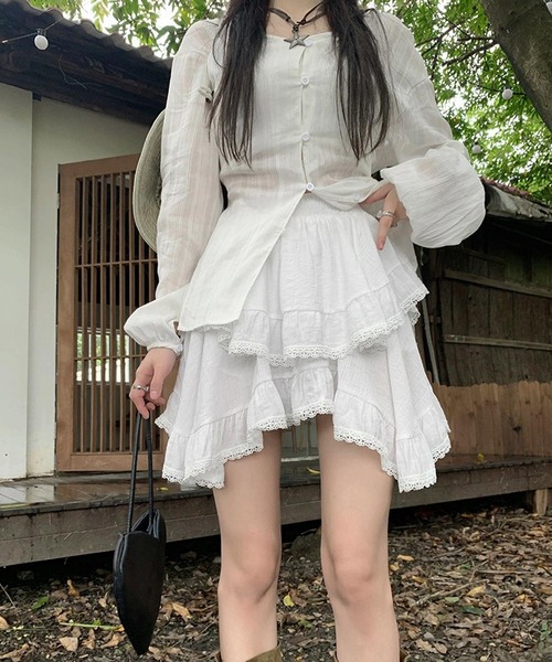 shopnikoniko（ショップニコニコ）の「ハイウエスト フリル ティアード ミニ スカート ヘムスカート（スカート・レディース・ホワイト/ブラック・フリー）」の12枚目の写真