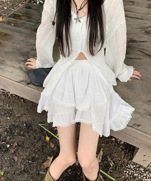 shopnikoniko（ショップニコニコ）の「ハイウエスト フリル ティアード ミニ スカート ヘムスカート（スカート・レディース・ホワイト/ブラック・フリー）」の13枚目の写真