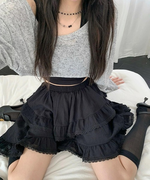 shopnikoniko（ショップニコニコ）の「ハイウエスト フリル ティアード ミニ スカート ヘムスカート（スカート・レディース・ホワイト/ブラック・フリー）」の19枚目の写真