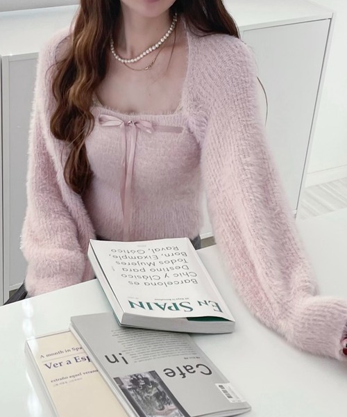 セール】リボンニットキャミ + ニットカーディガン アンサンブル