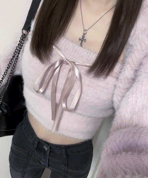 ROOPTOKYO(ループトウキョウ)の「リボンニットキャミ + ニットカーディガン アンサンブル 2点セット(カーディガン/ボレロ・レディース・ブラック/グレー/ピンク/ベージュ/ホワイト・FREE)」の8枚目の写真