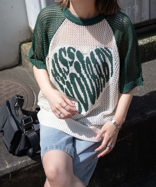 WEGO(ウィゴー)の「WEGO/ハートロゴビッグメッシュニットT(ニット/セーター・レディース・ダークグリーン/ブラック・FREE)」の3枚目の写真