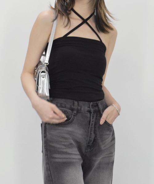 【未使用　タグ付き】SNIDEL オフショルダー ブラックキャミソール チョーカーキャミソール／choker camisole リボン 紐付き