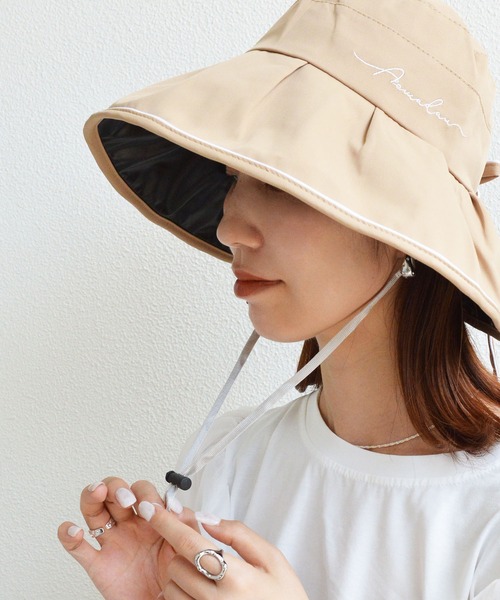 セール】【UVカット・紐付き】ワイヤー入りロゴ入りつば広帽子