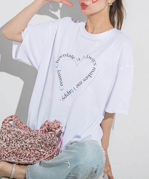 VICKY(ビッキー)の「ハートプリントTシャツ≪手洗い可能≫(Tシャツ/カットソー・レディース・アイボリー/ホワイト系その他/チャコールグレー/ブラック・M)」の1枚目の写真