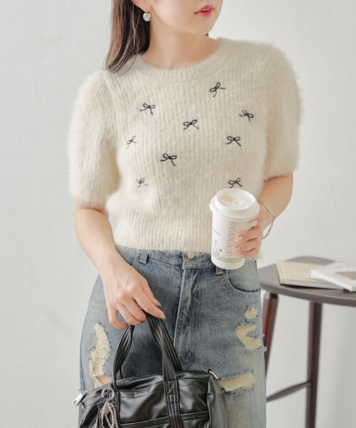 セール】リボン刺繍入りシャギーニット（ニット/セーター